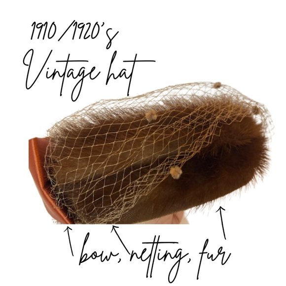 Authentic Vintage Netting Veil and Fur Hat, Brown, with Copper Brown bow - Picture 5 of 5
